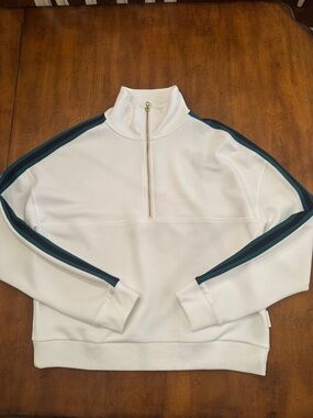 NWT Varley DoubleSoft Raymar Half-Zip Sweatshirt with Black and Teal Stripe - L